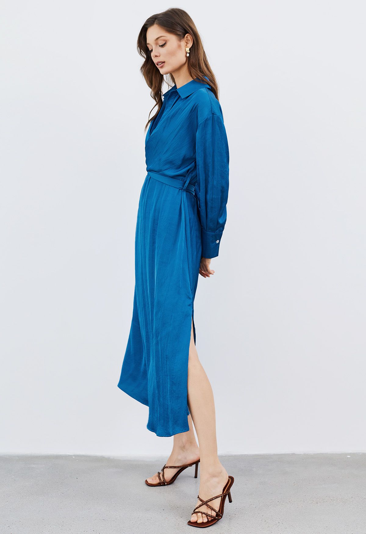 Texture Satin Tie-Back Shirt Dress in Teal