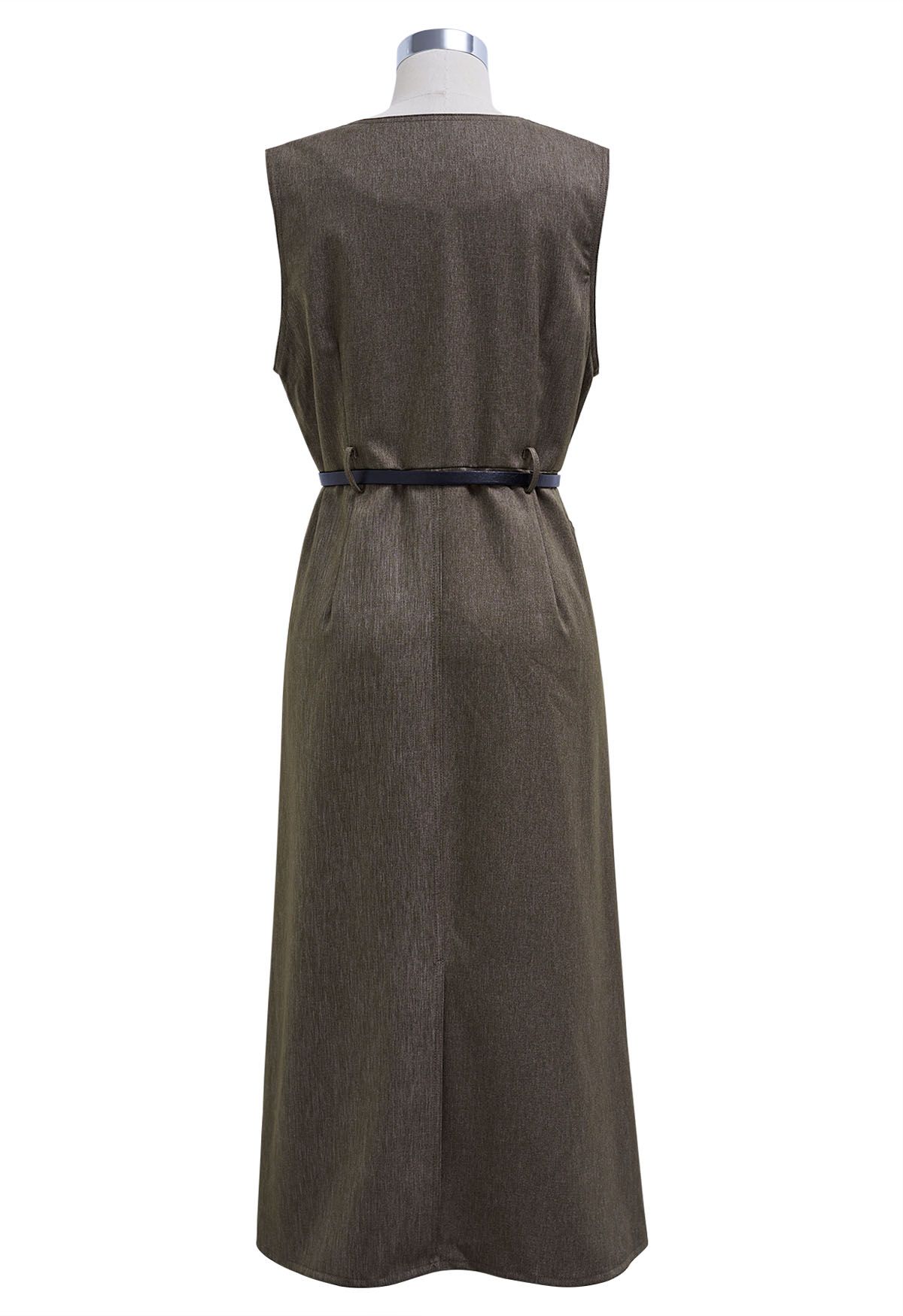 Retro Charms V-Neck Sleeveless Midi Dress in Dark Khaki