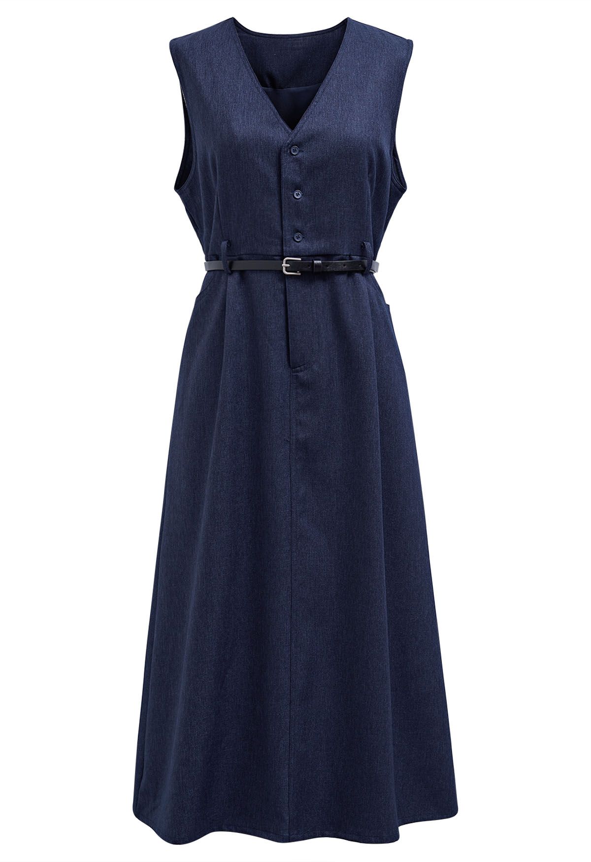 Retro Charms V-Neck Sleeveless Midi Dress in Navy