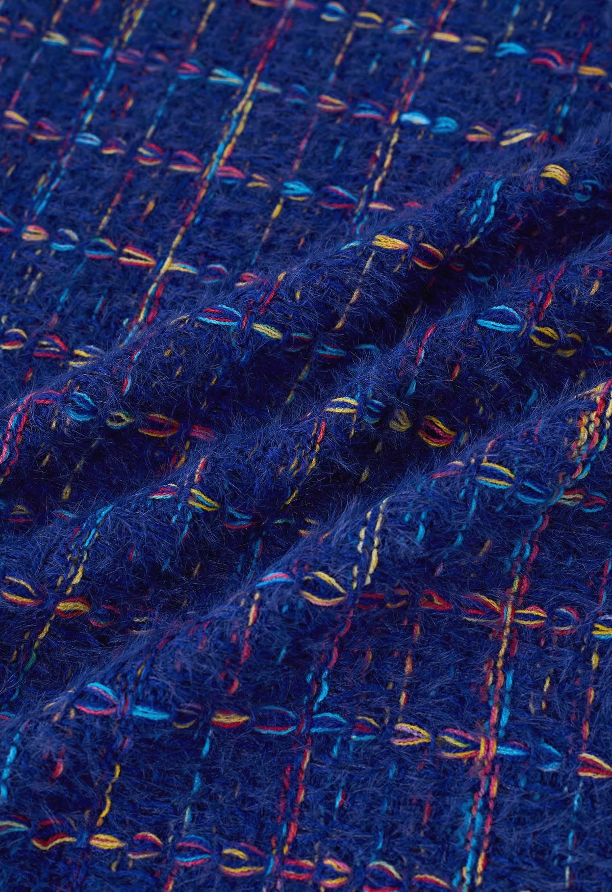 Multicolored Grid Pattern Longline Knit Cardigan in Indigo - Retro