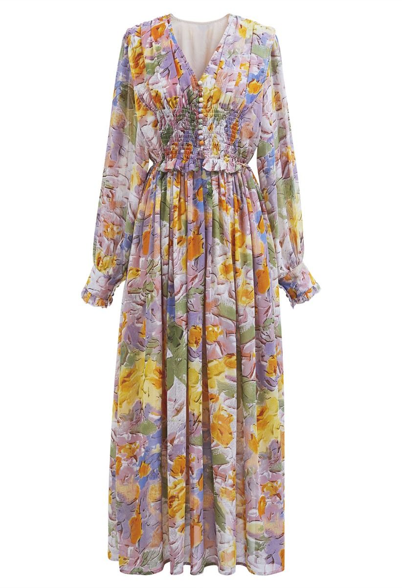 Delicate Floral Shirred Maxi Dress in Orange - Retro, Indie and Unique ...