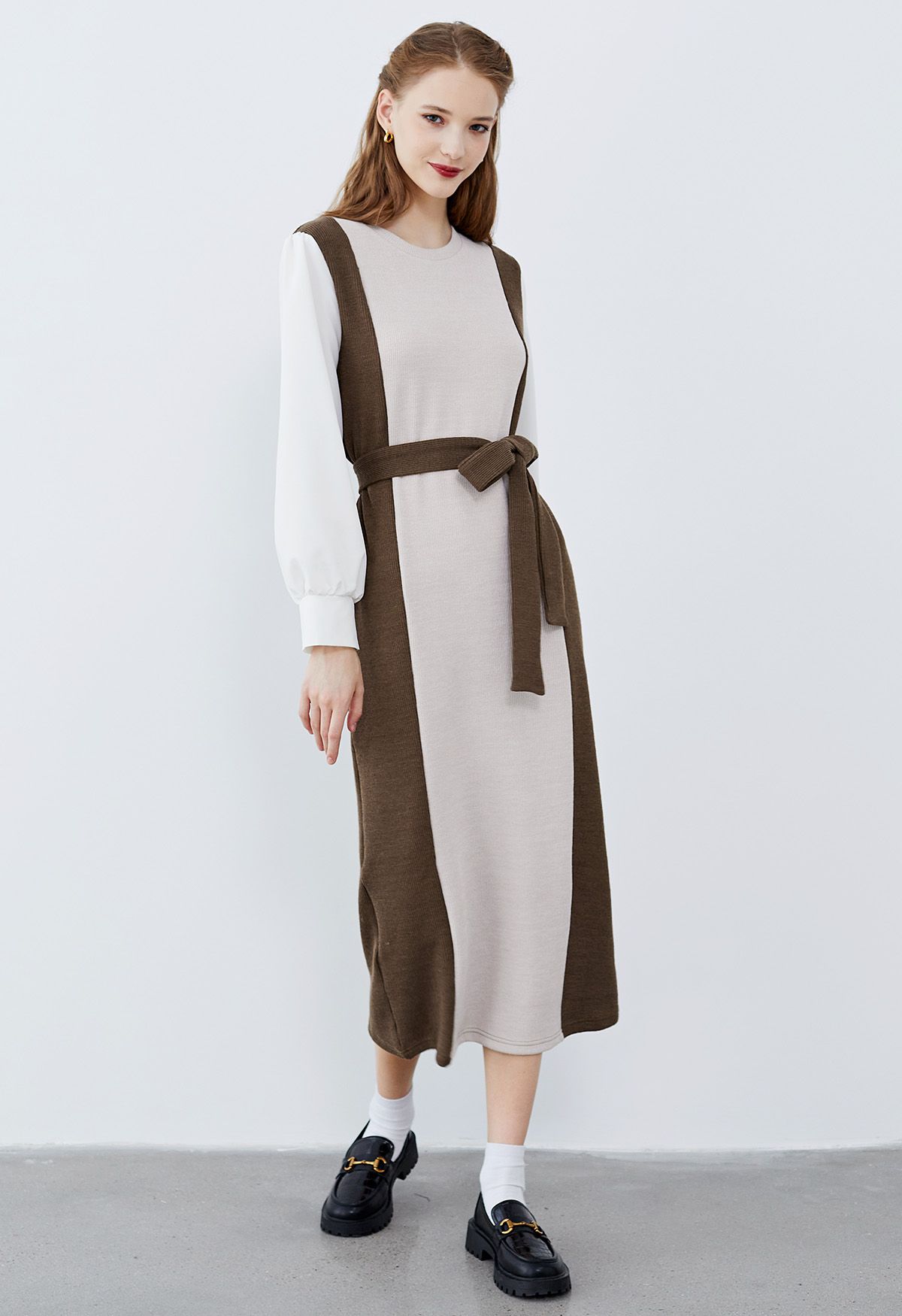 Spliced Sleeves Contrast Knit Dress in Brown - Retro, Indie and