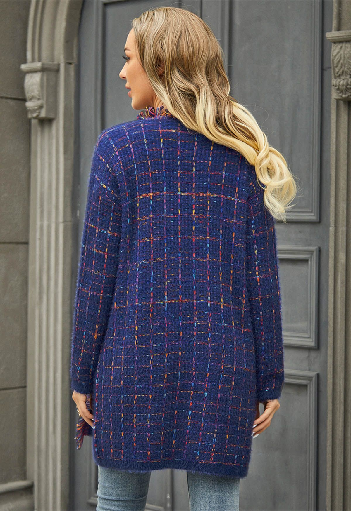 Multicolored Grid Pattern Longline Knit Cardigan in Indigo - Retro