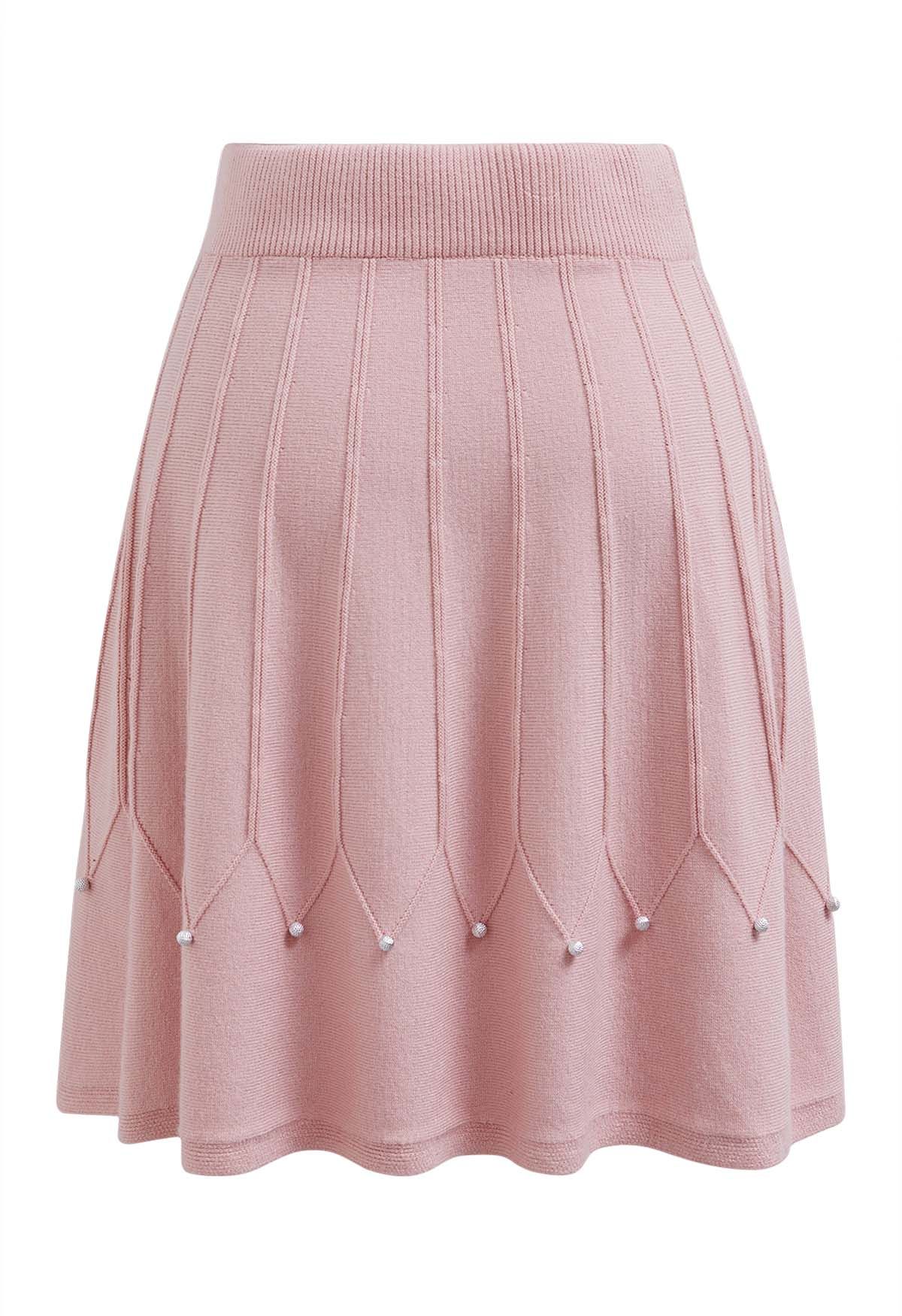 Silver Bead Embellished Seam Knit Skirt in Pink