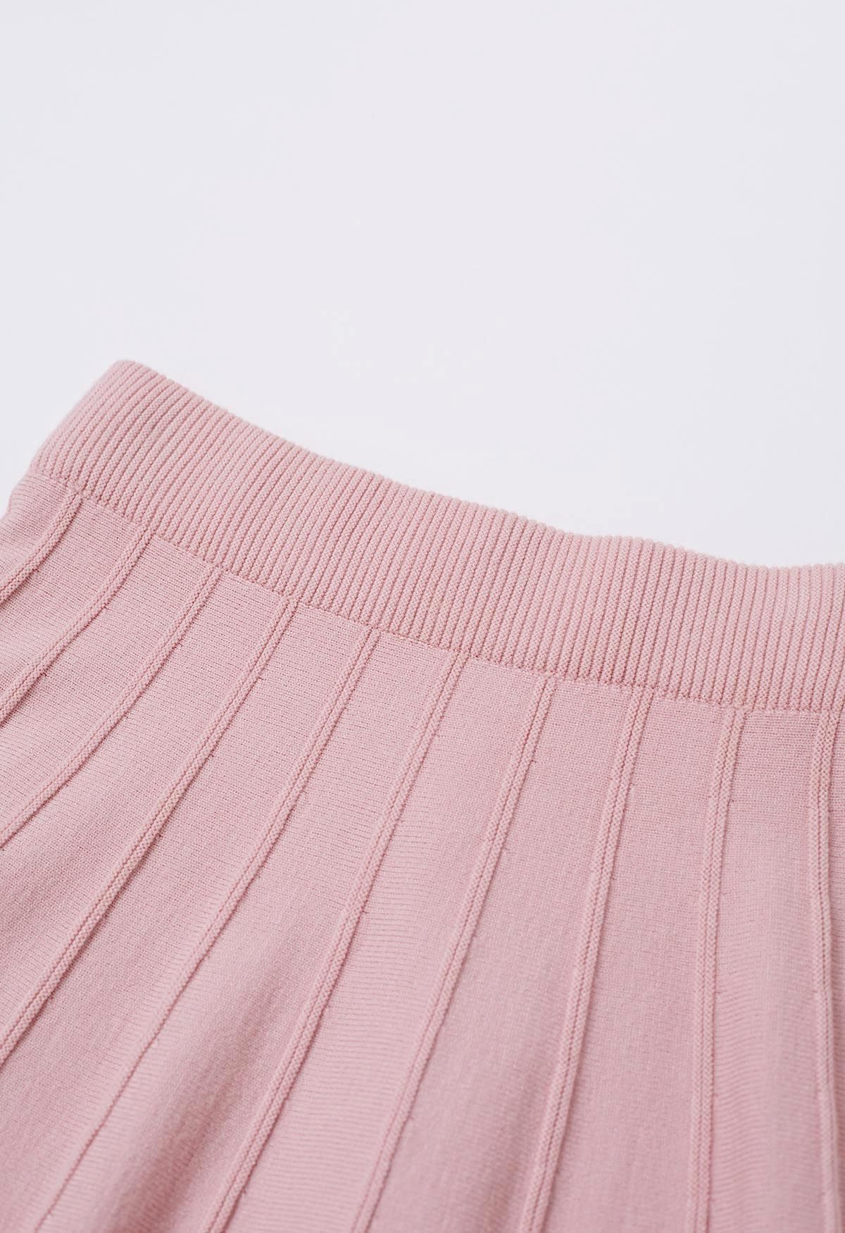 Silver Bead Embellished Seam Knit Skirt in Pink