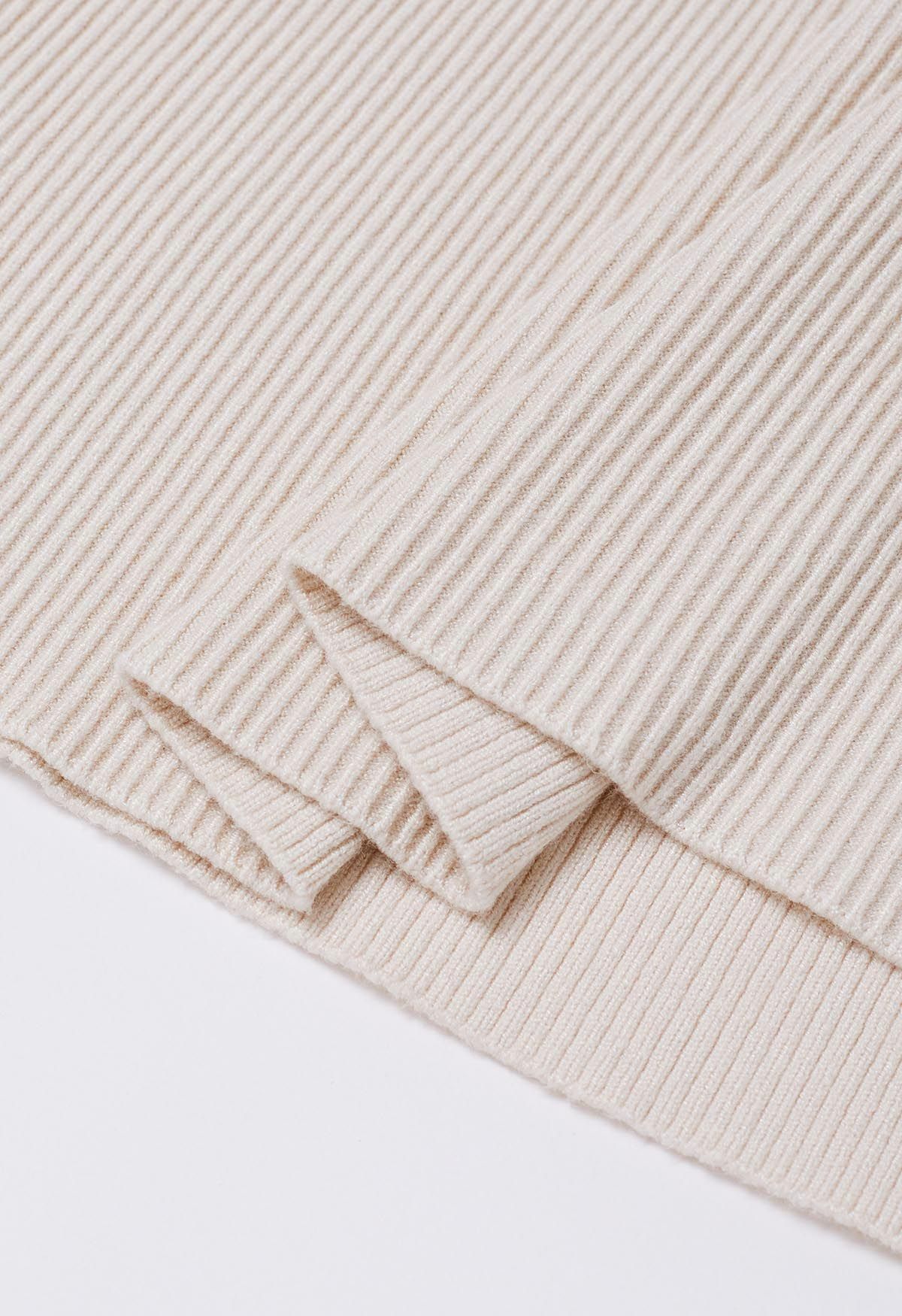 Slit Hem Ribbed Detail Soft Knit Sweater in Oatmeal