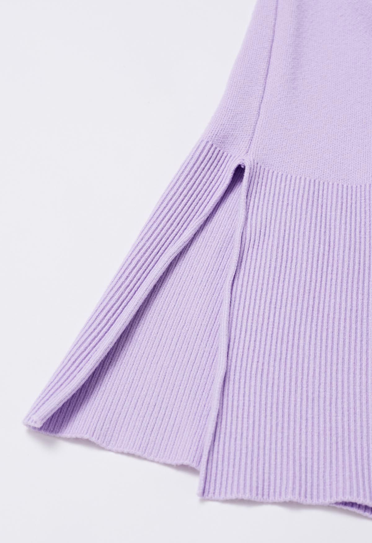 Slit Hem Ribbed Detail Soft Knit Sweater in Lilac