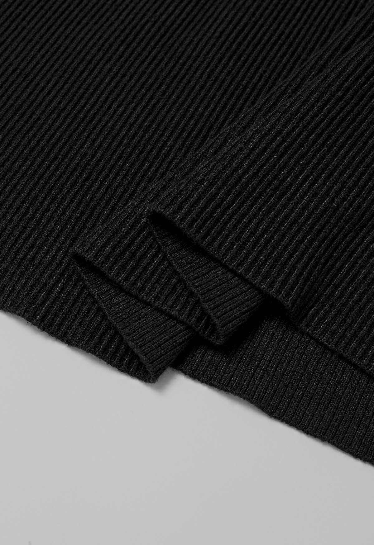 Slit Hem Ribbed Detail Soft Knit Sweater in Black