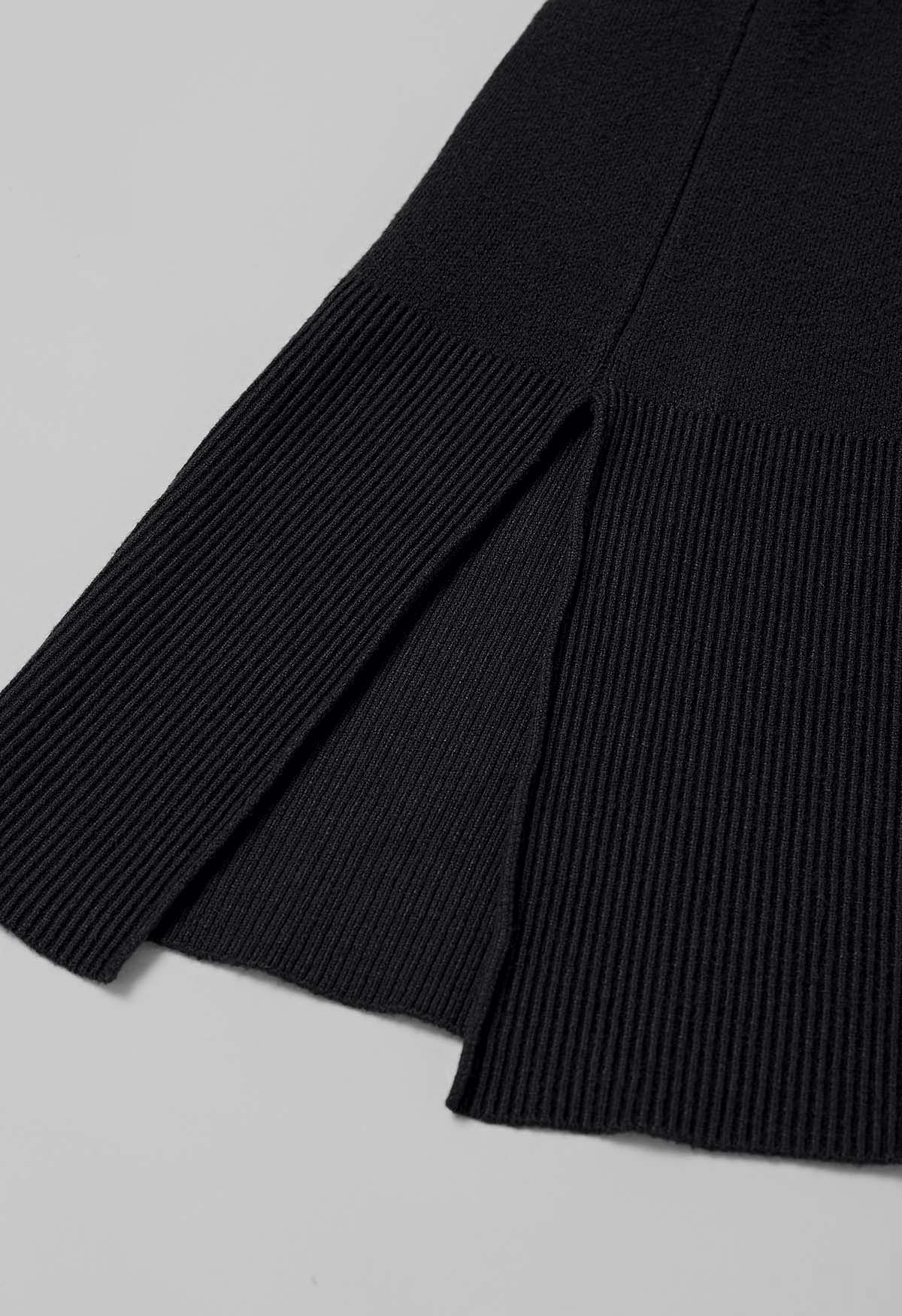 Slit Hem Ribbed Detail Soft Knit Sweater in Black