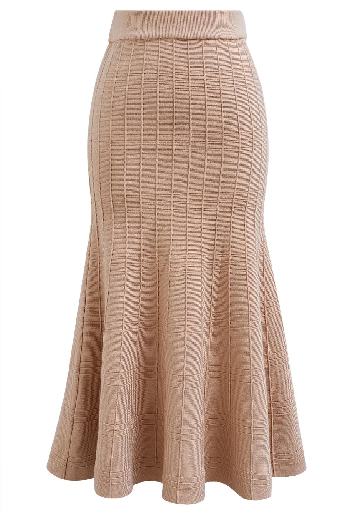 Seam Line Knit Mermaid Skirt in Tan