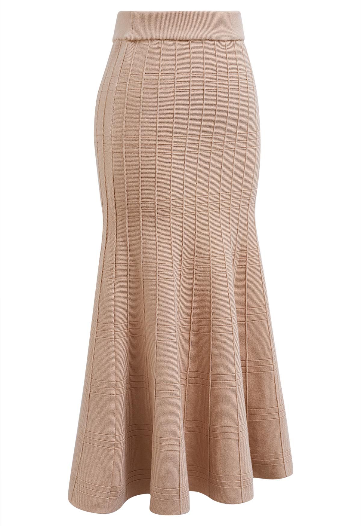 Seam Line Knit Mermaid Skirt in Tan