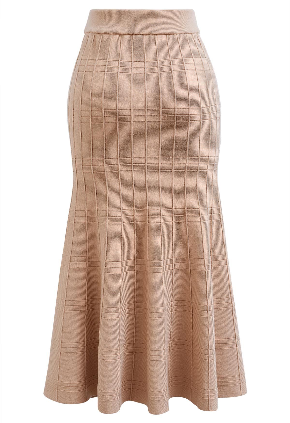 Seam Line Knit Mermaid Skirt in Tan