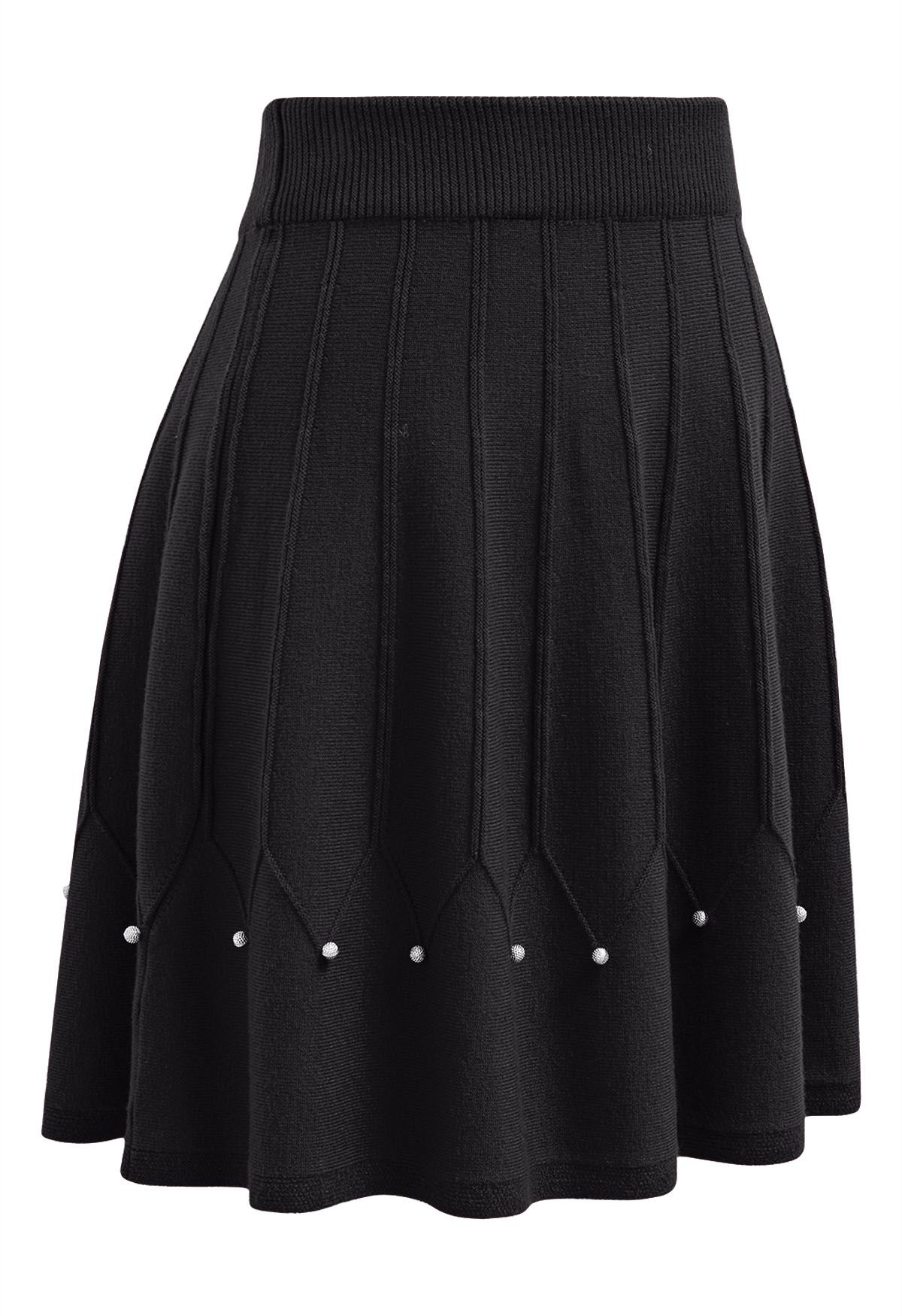 Silver Bead  Embellished Seam Knit Skirt in Black