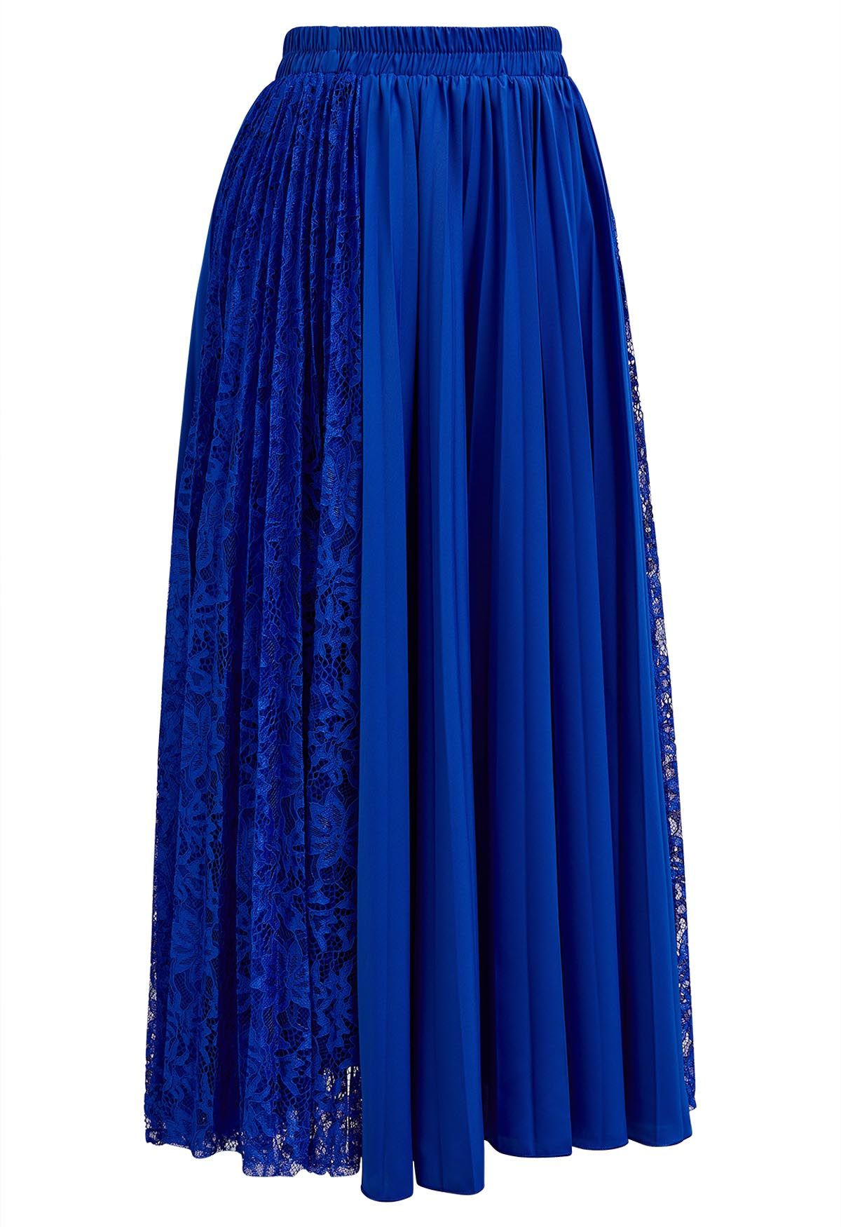 Lace Panelled Pleated Midi Skirt in Indigo