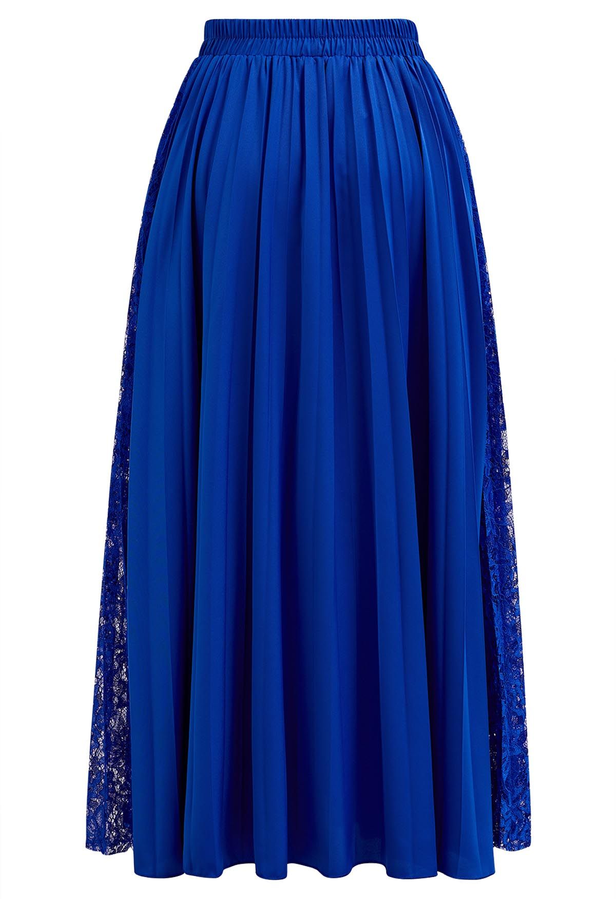 Lace Panelled Pleated Midi Skirt in Indigo