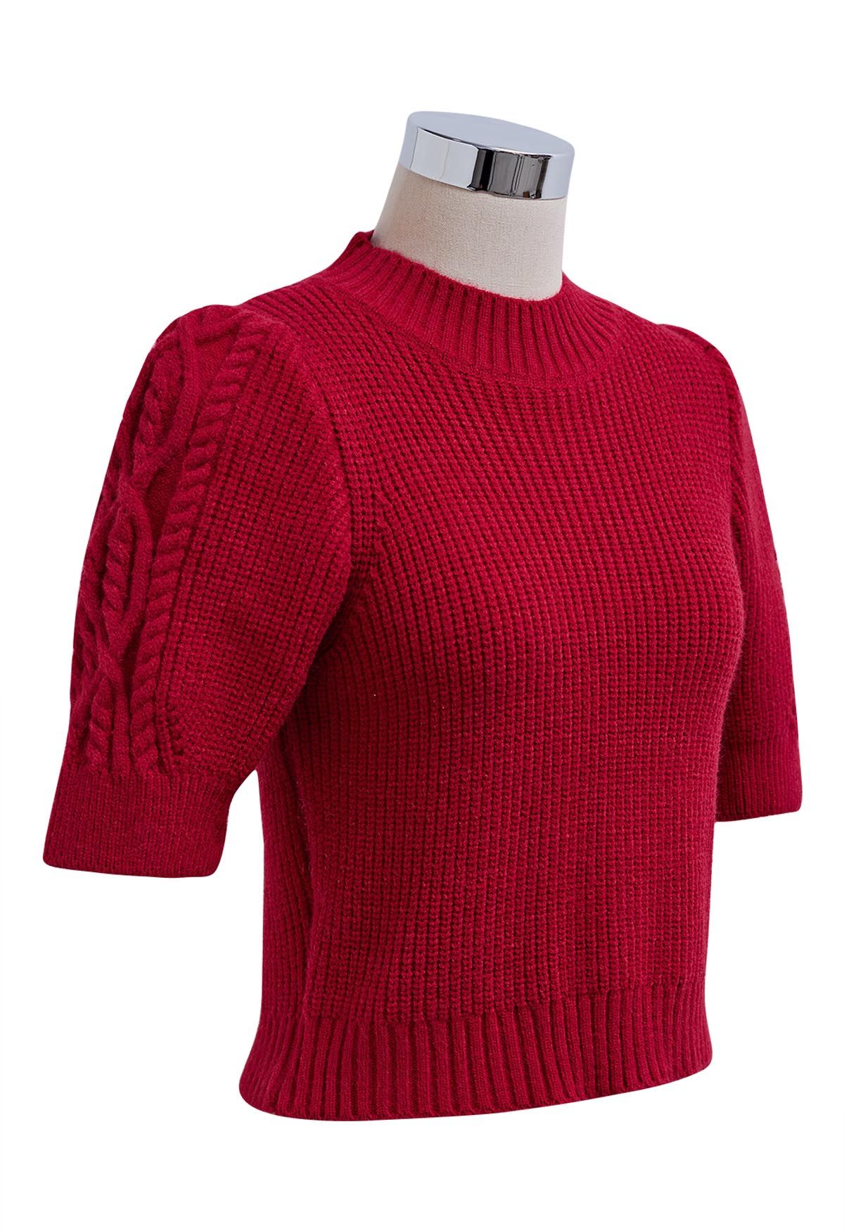 Mock Neck Short Sleeve Knit Sweater in Red - Retro, Indie and Unique Fashion