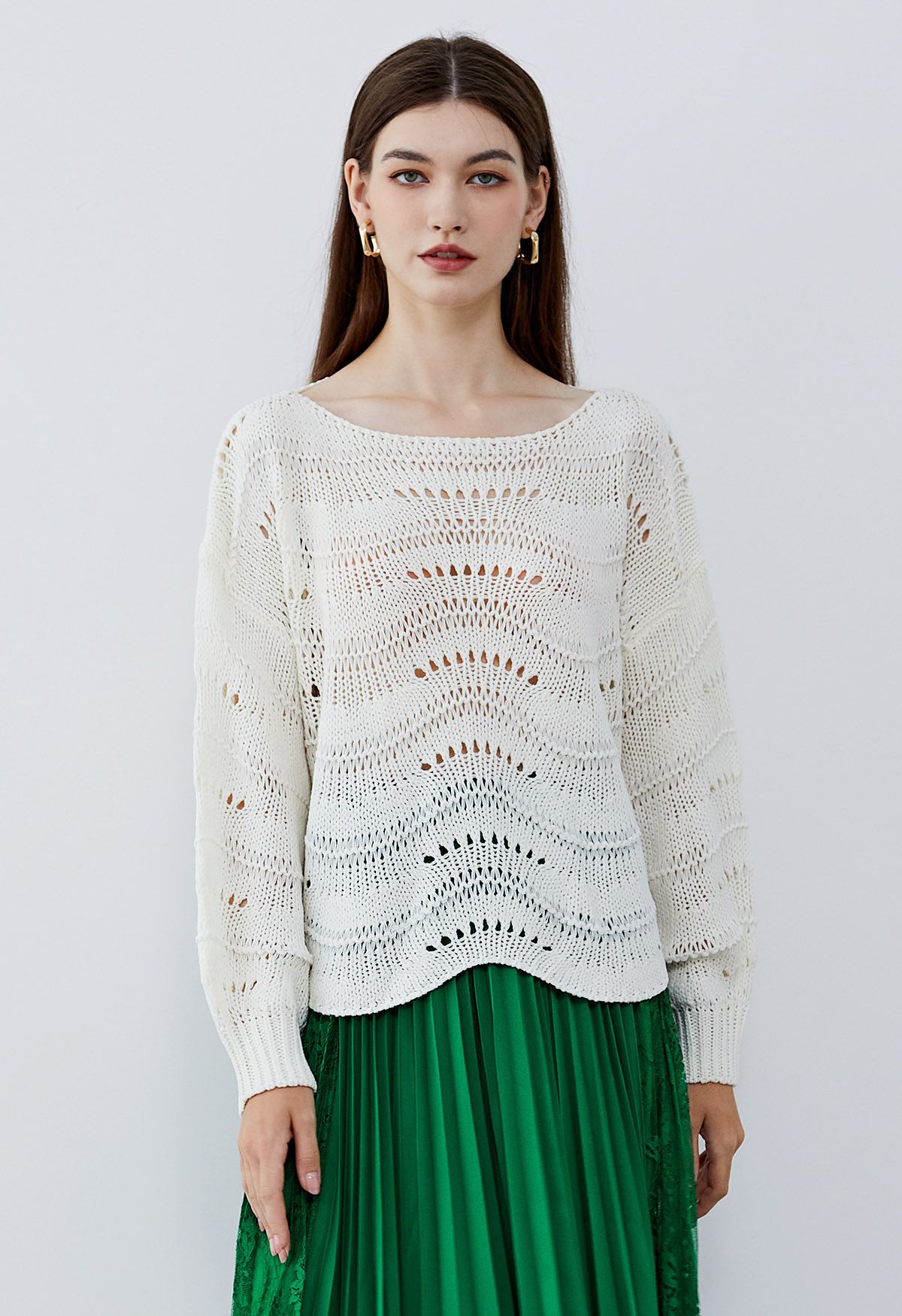 Wavy Line Openwork Knit Sweater in Ivory