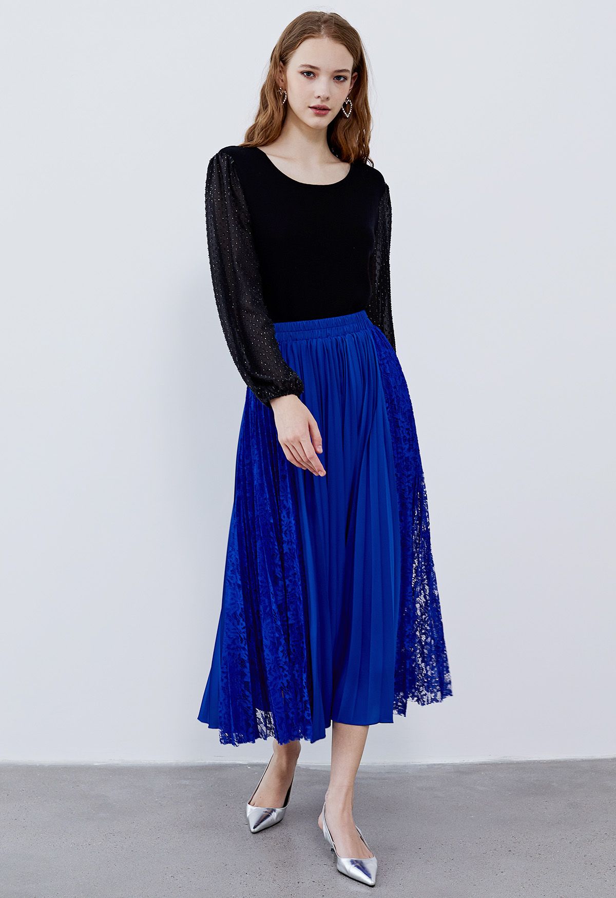 Lace Panelled Pleated Midi Skirt in Indigo