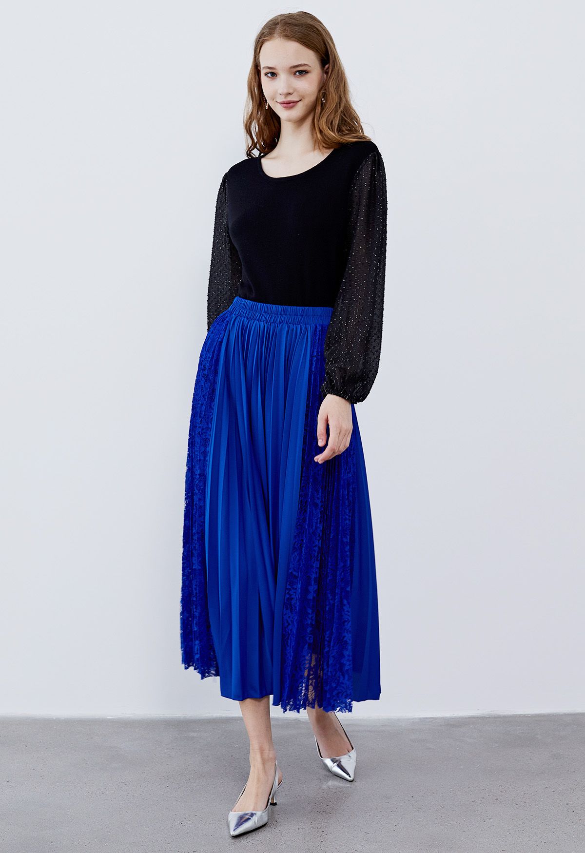 Lace Panelled Pleated Midi Skirt in Indigo