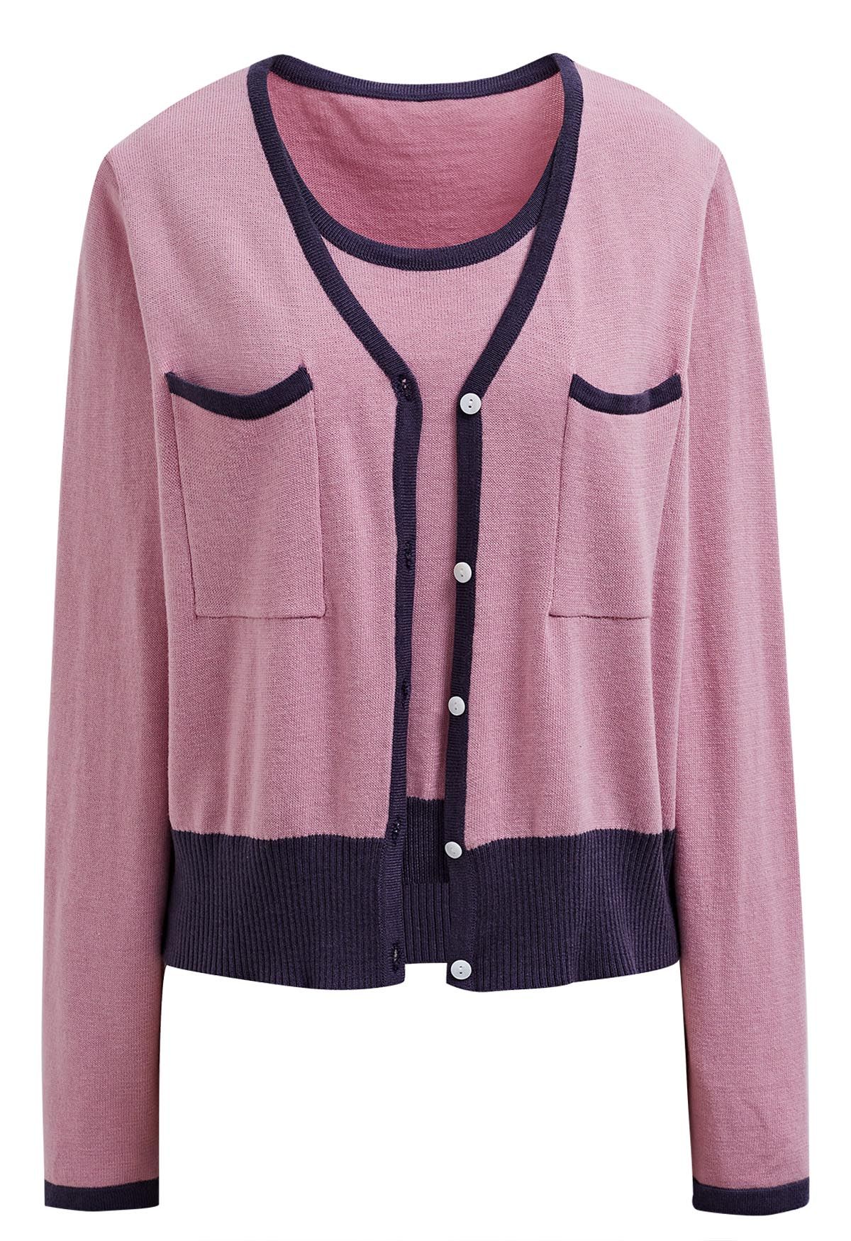 Contrast Edge Tank Top and Cardigan Set in Pink