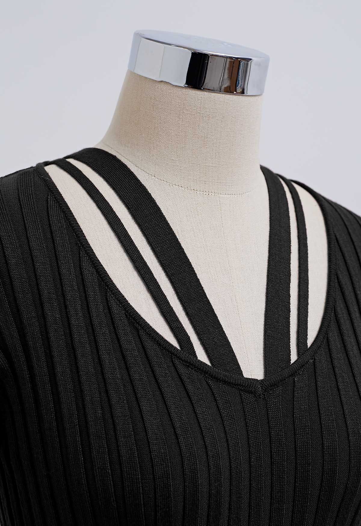 Strappy Neckline Stripe Knit Top in Black