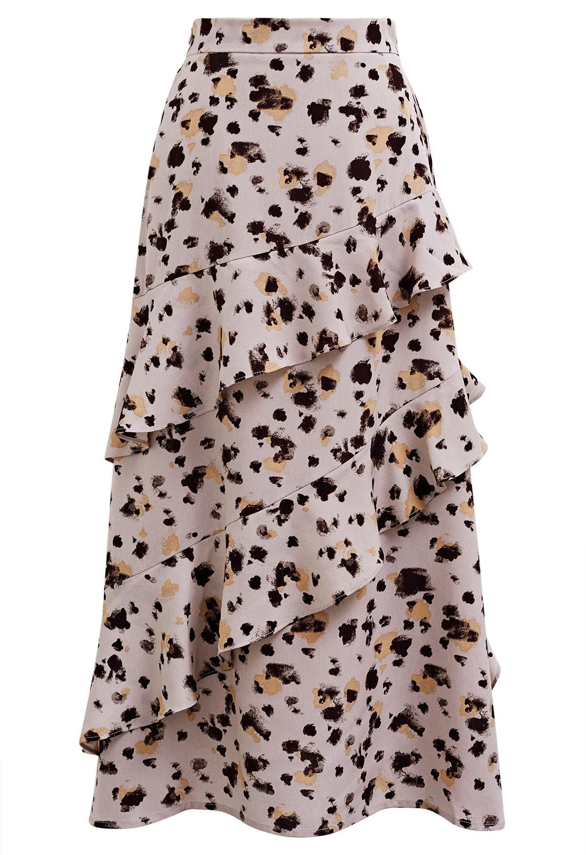 Inky Spots Printed Ruffle Chiffon Skirt in Dusty Pink