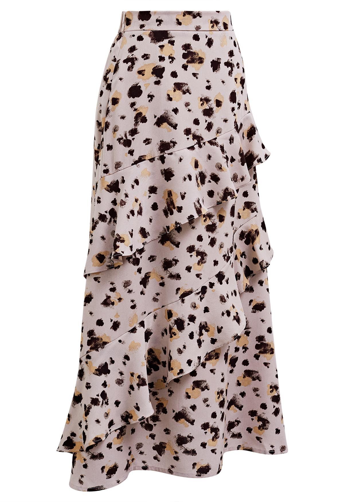 Inky Spots Printed Ruffle Chiffon Skirt in Dusty Pink