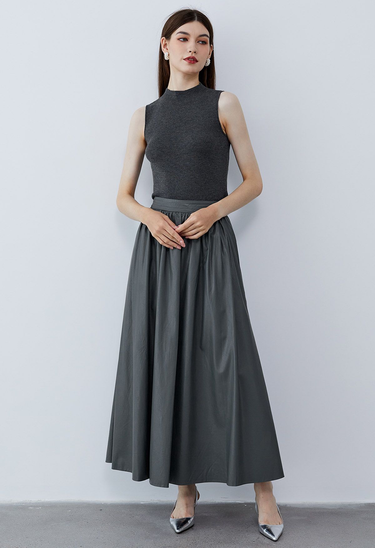 Refined Simplicity Faux Leather Maxi Skirt in Smoke