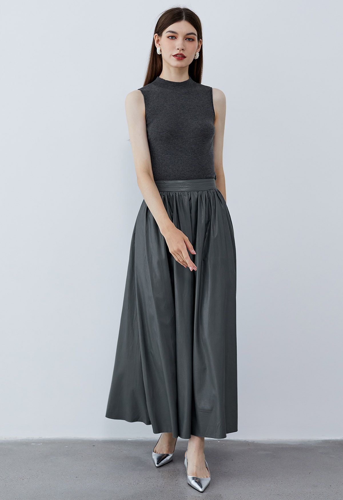 Refined Simplicity Faux Leather Maxi Skirt in Smoke