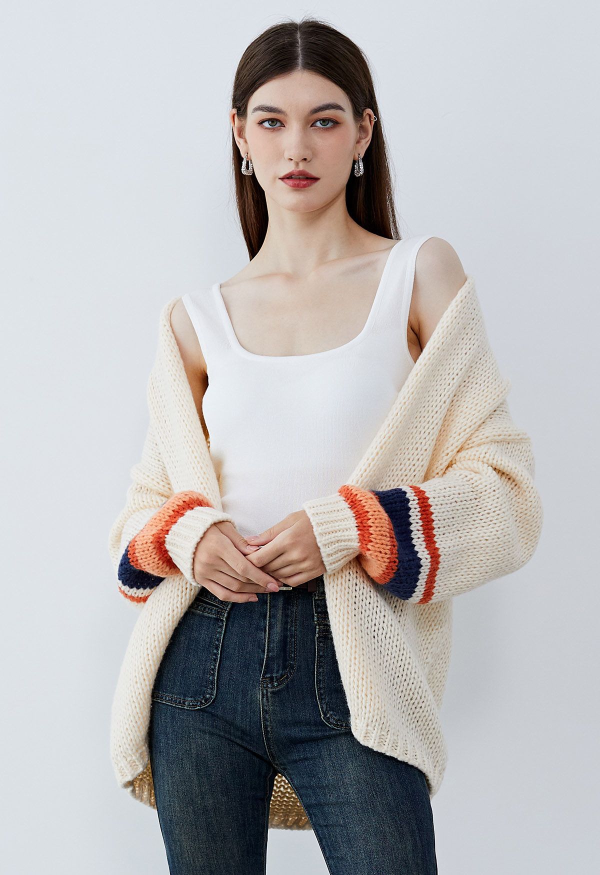 Color Block Sleeves Open Front Knit Cardigan