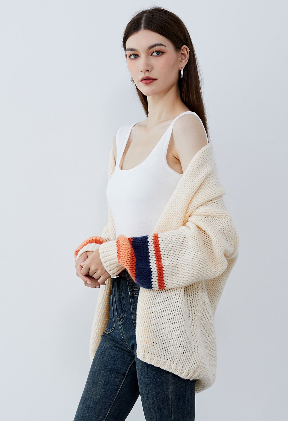 Color Block Sleeves Open Front Knit Cardigan