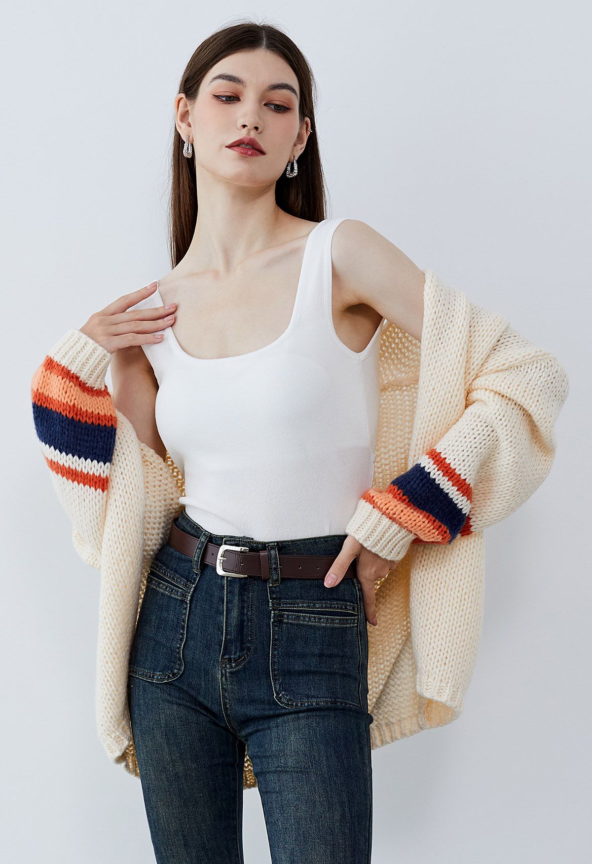 Color Block Sleeves Open Front Knit Cardigan