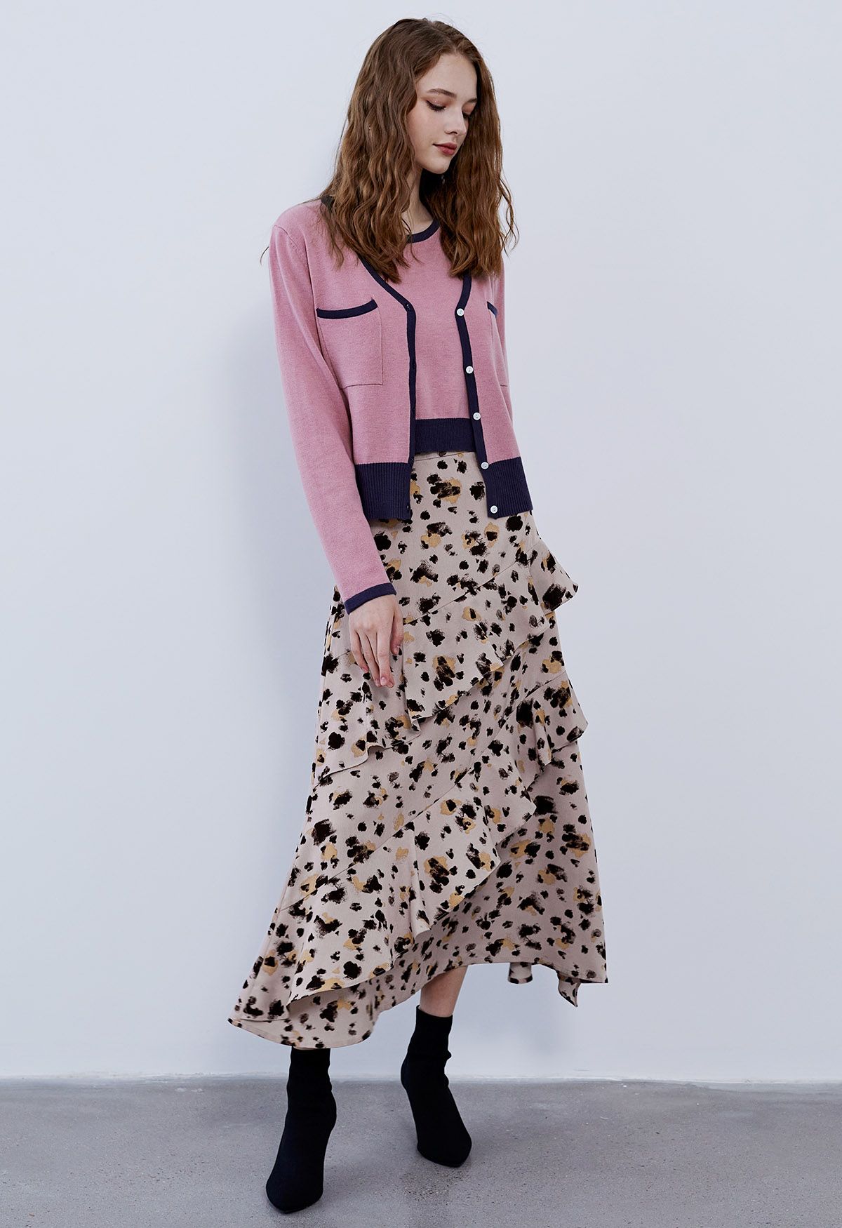 Inky Spots Printed Ruffle Chiffon Skirt in Dusty Pink