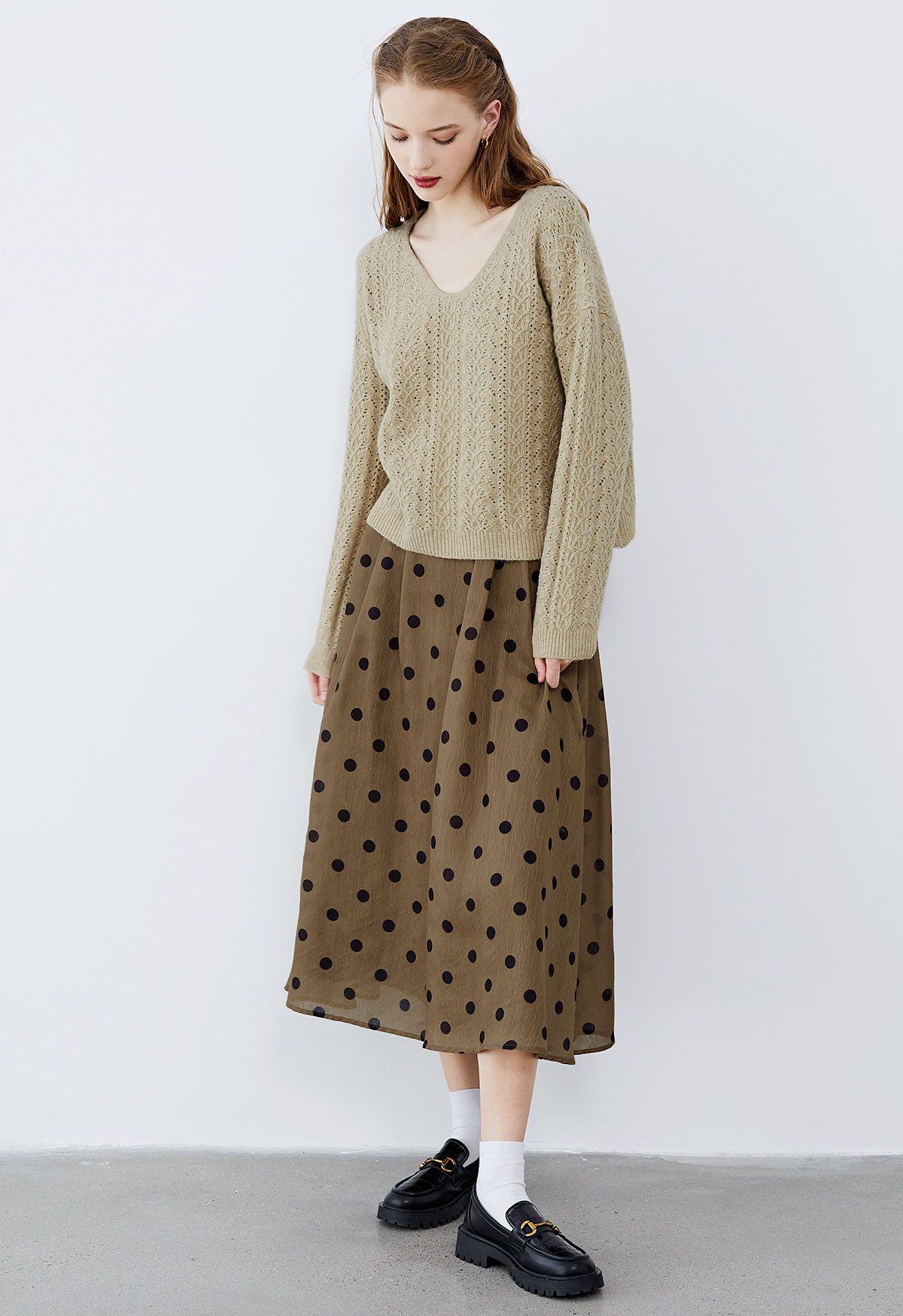 V-Neck Pointelle Knit Sweater in Light Tan - Retro, Indie and Unique Fashion