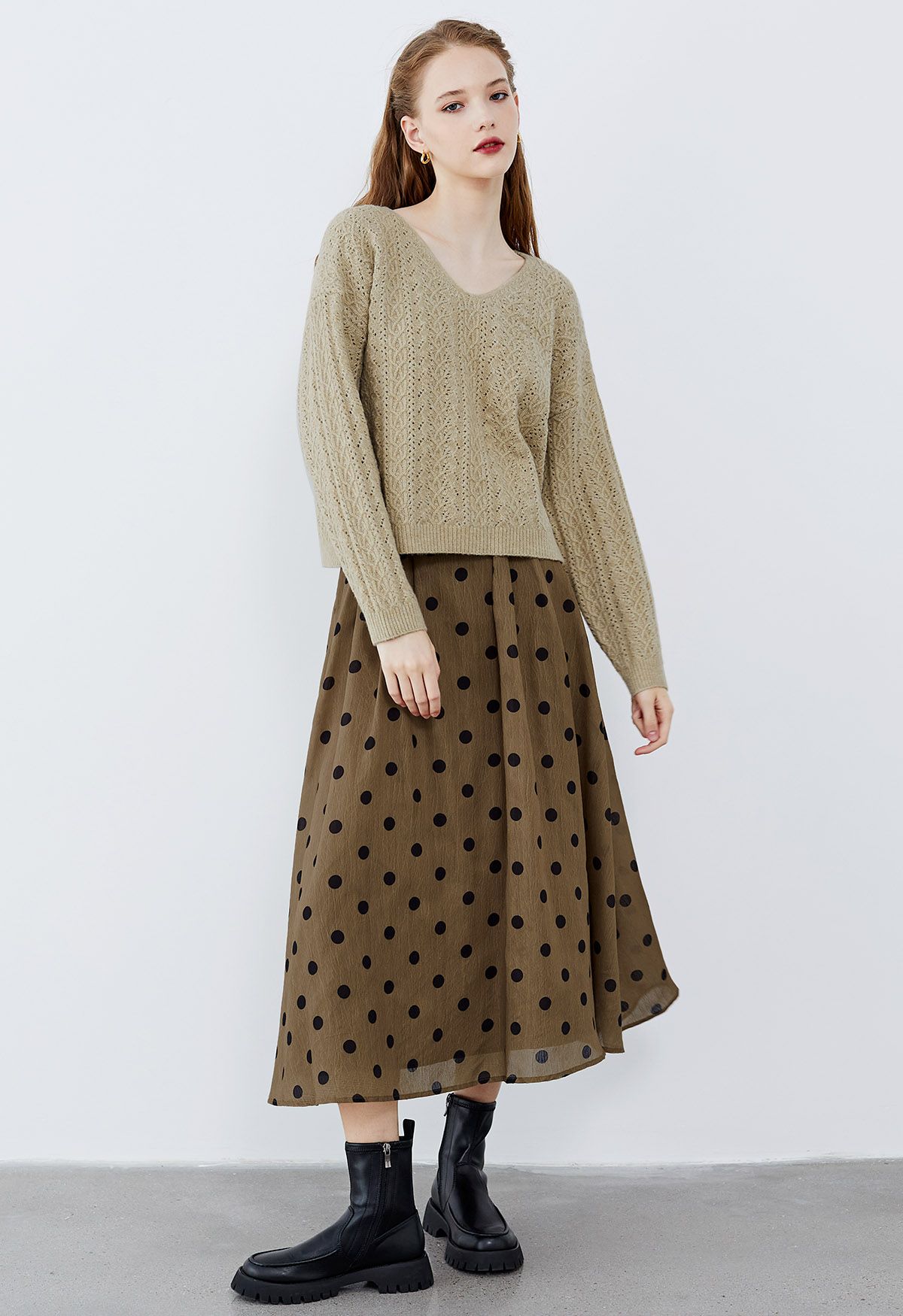 Texture Polka Dot Printed Pleated Maxi Skirt in Tan