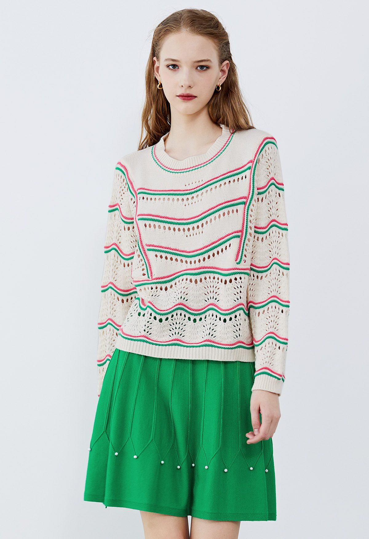 Contrast Wavy Line Openwork Knit Sweater - Retro, Indie and Unique
