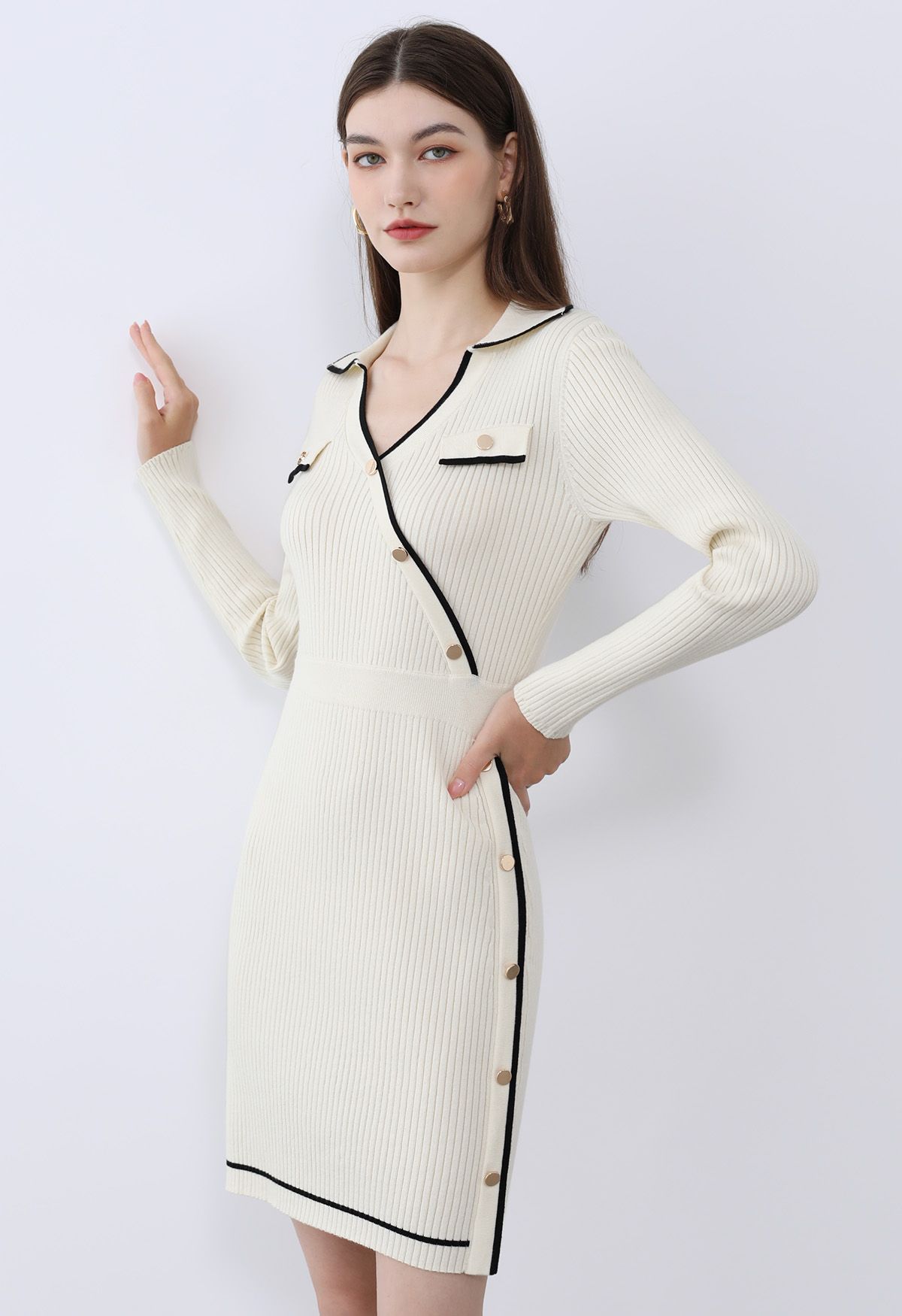 Collared Knit Dress - White - Ladies