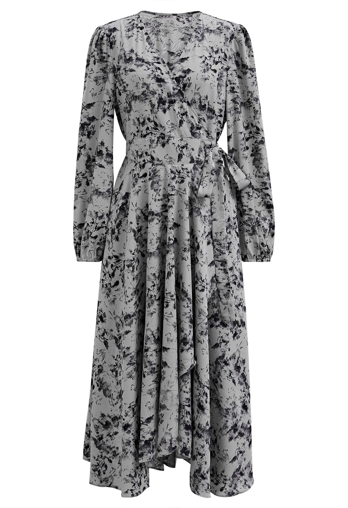 Watercolor Printed Wrap Chiffon Dress in Grey