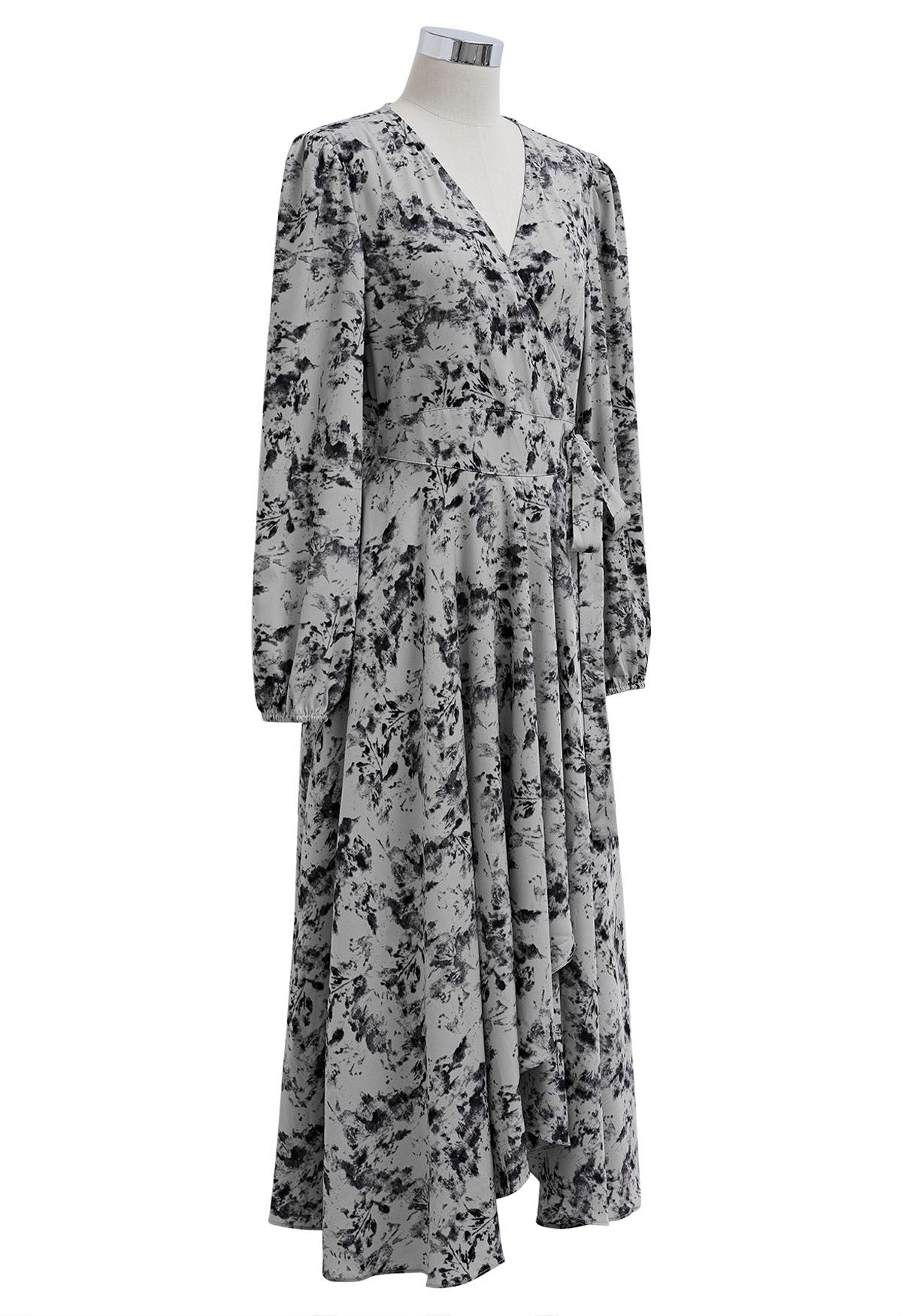 Stunning Lavender Floral Print Wrap Chiffon Maxi Dress