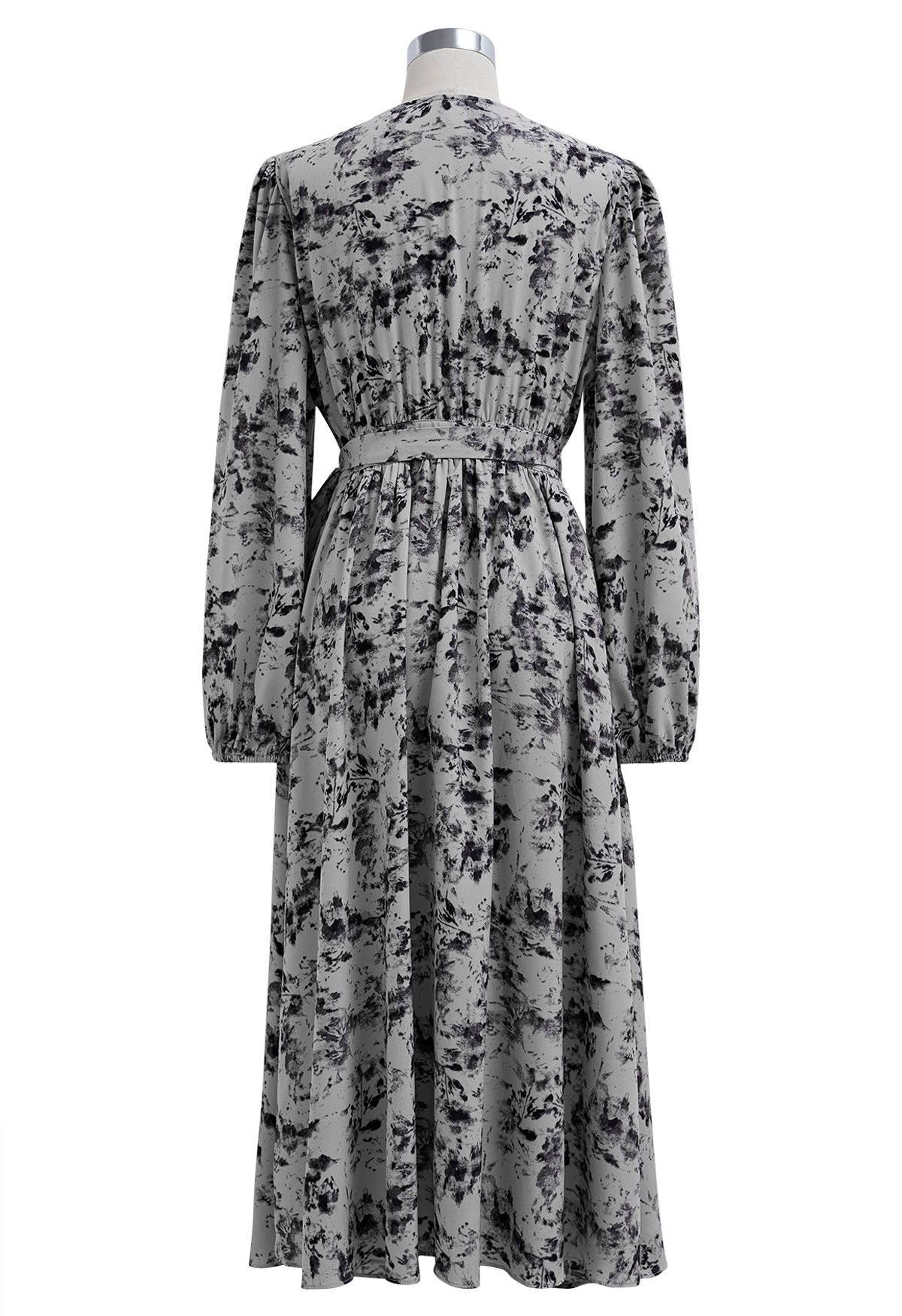 Watercolor Printed Wrap Chiffon Dress in Grey