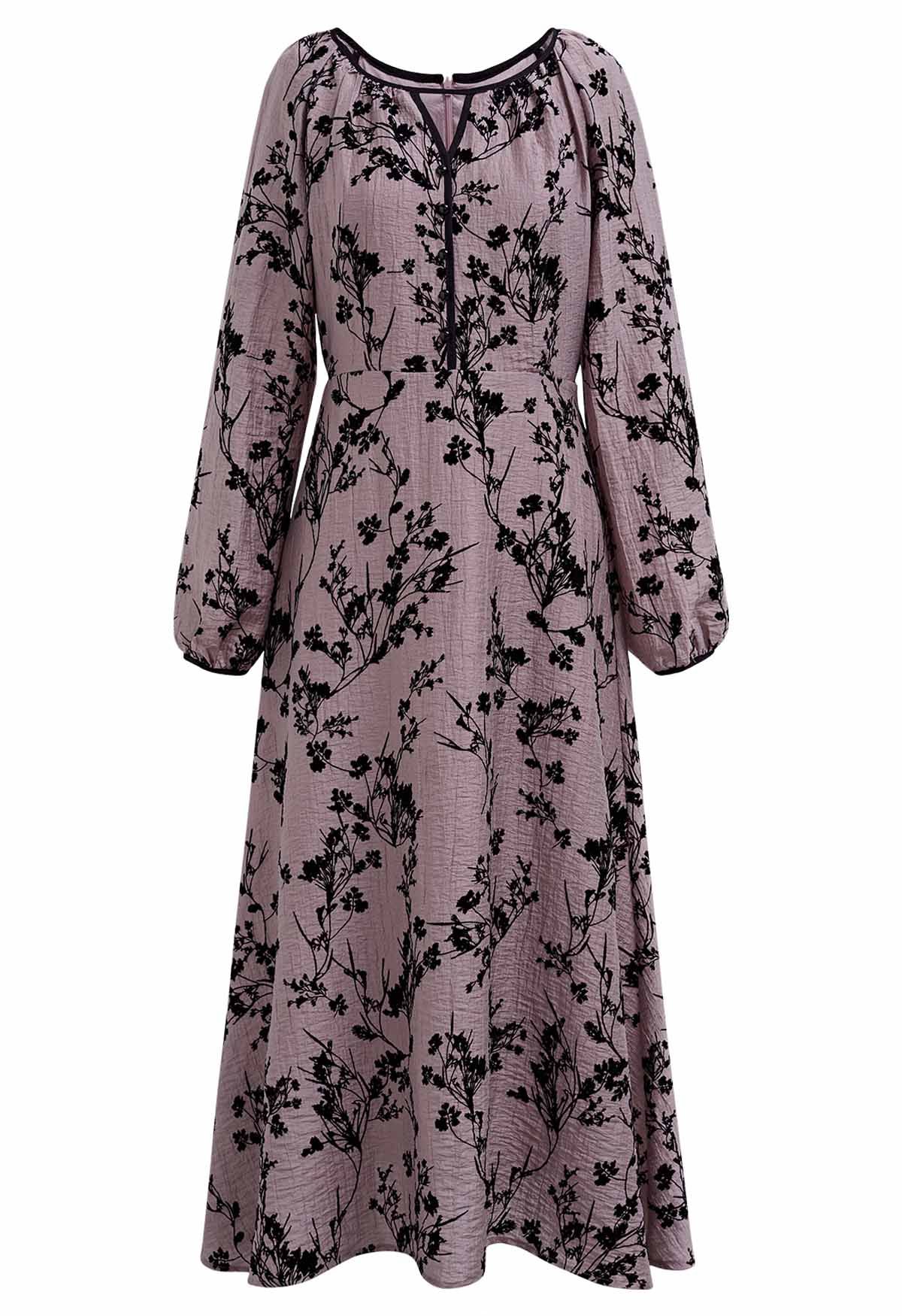 Velvet Flower Branch Cutout Neck Midi Dress