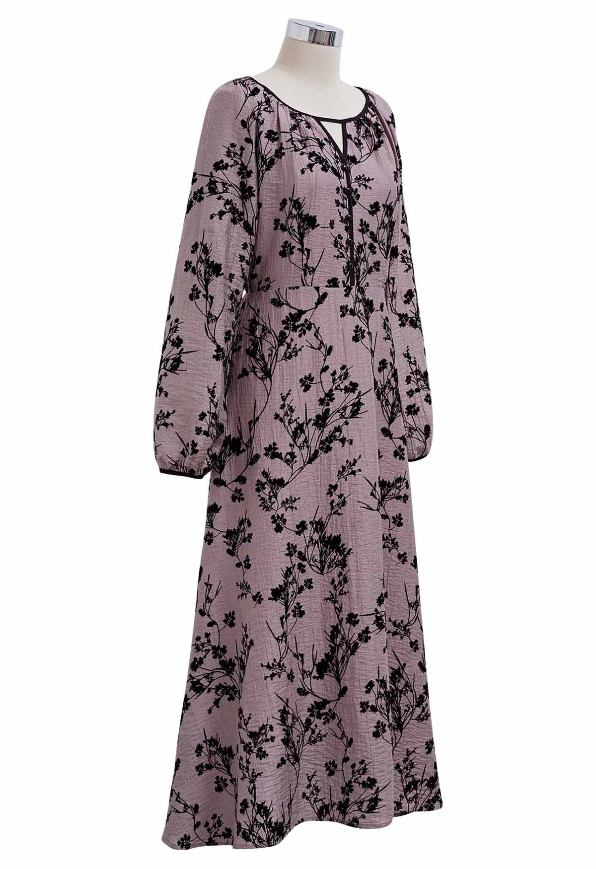 Velvet Flower Branch Cutout Neck Midi Dress