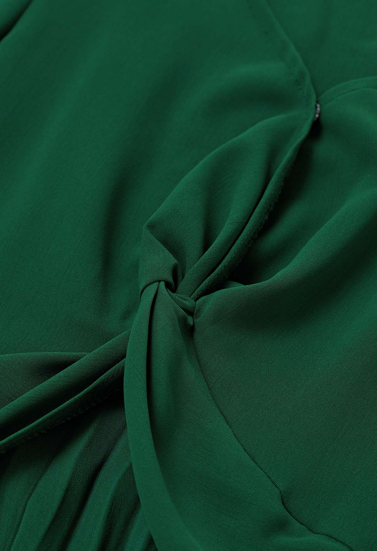 V-Neck Twisted Front Pleated Dress in Dark Green