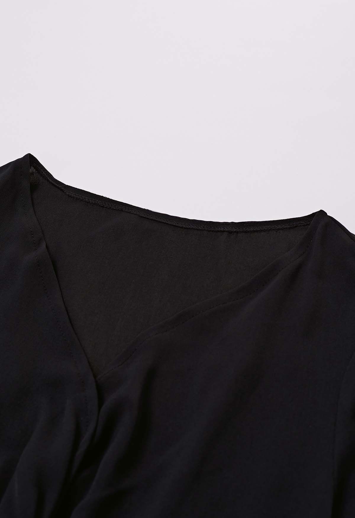 V-Neck Twisted Front Pleated Dress in Black