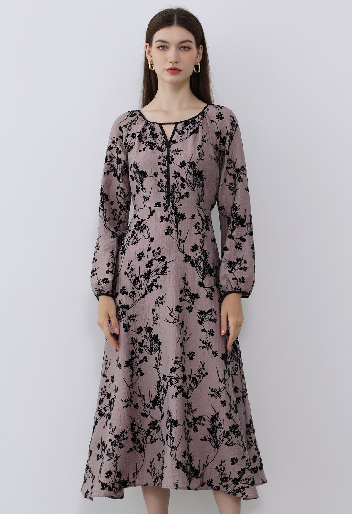 Velvet Flower Branch Cutout Neck Midi Dress