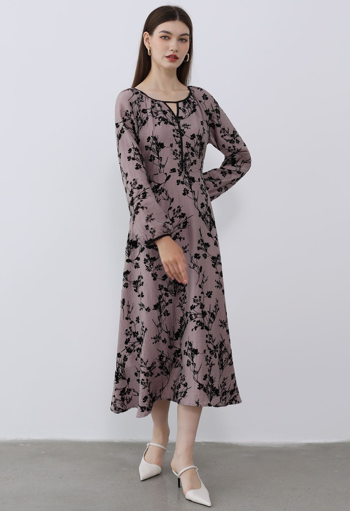 Velvet Flower Branch Cutout Neck Midi Dress