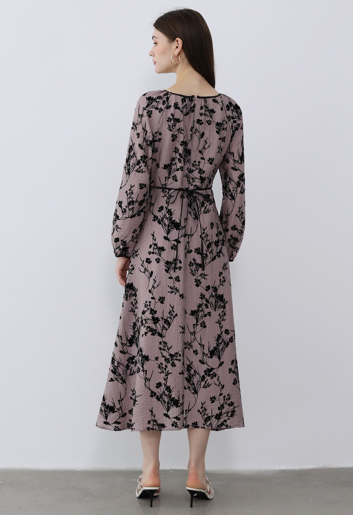 Velvet Flower Branch Cutout Neck Midi Dress