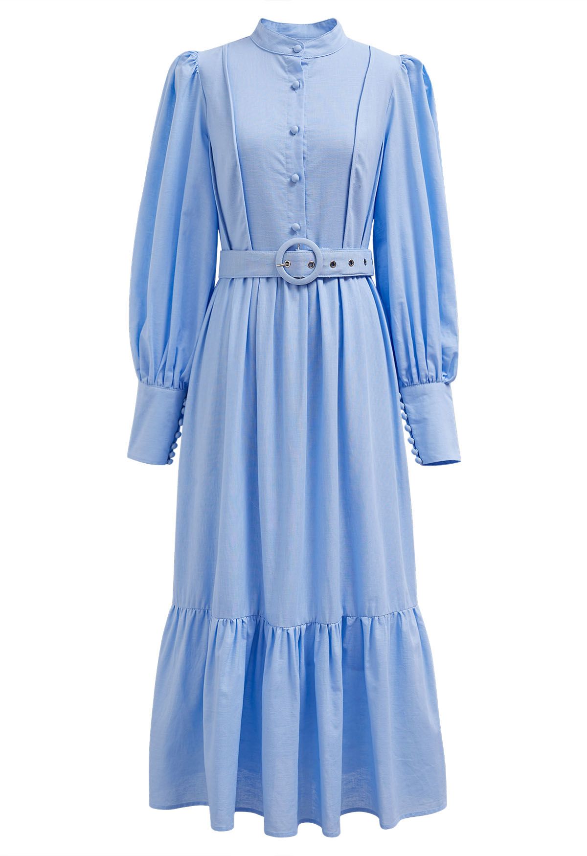 Lantern Sleeve Button Down Linen-Blend Midi Dress in Blue