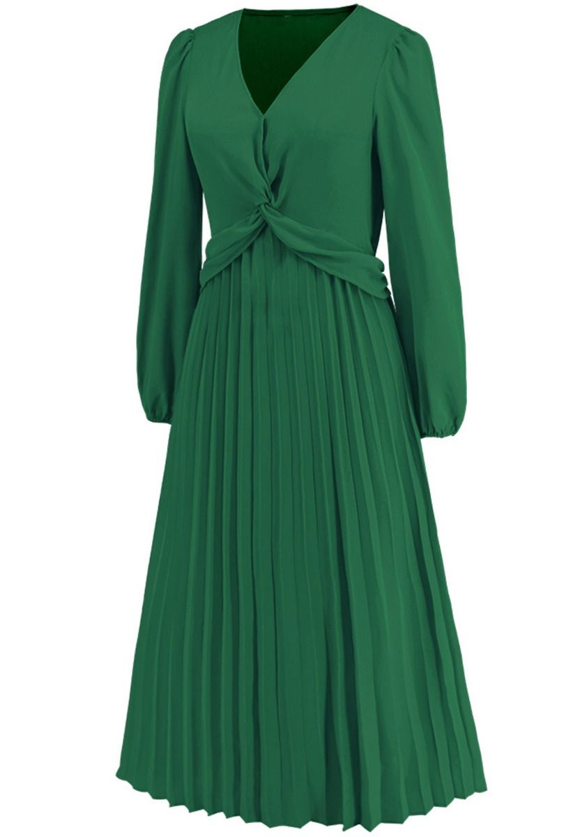 Sash Adorned Pleated Wrap Sleeveless Dress in Green