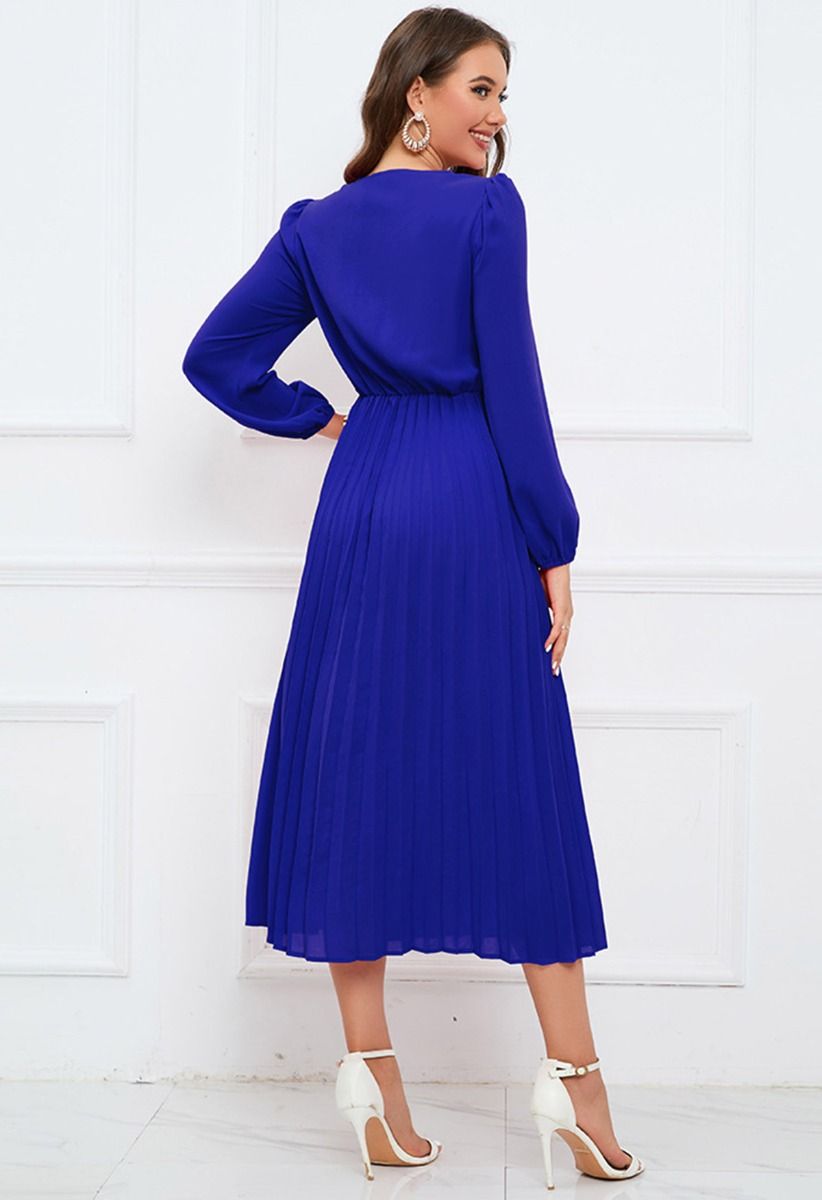 V-Neck Twisted Front Pleated Dress in Indigo